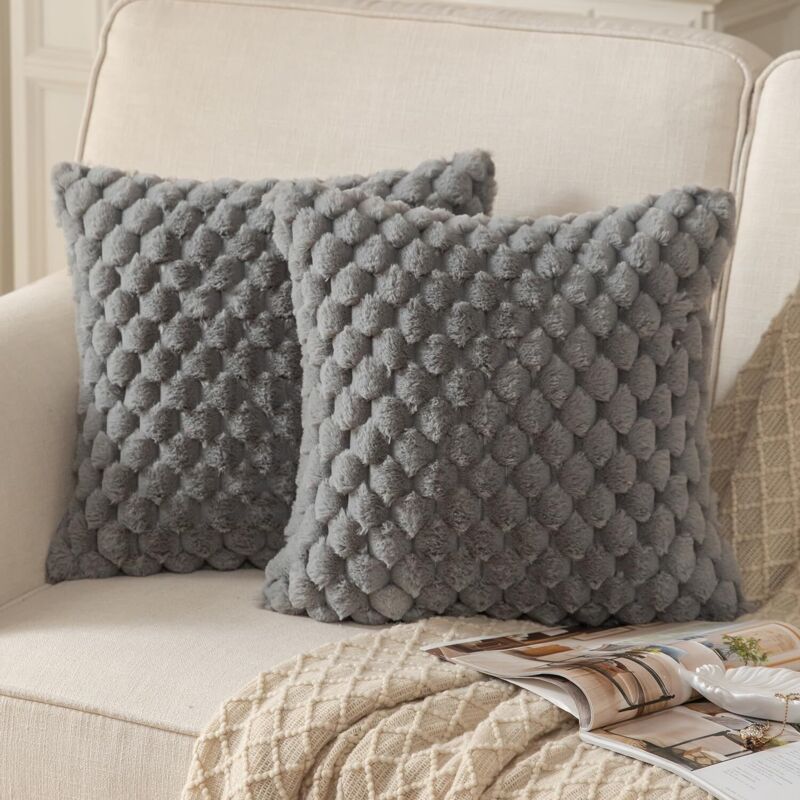 Lot de 2 housses de coussin super douces en peluche, fausse fourrure, 45x45 cm, gris, pour canapé, chambre.