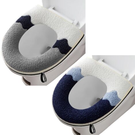 Lot de 2 housses de siège de toilette plus épaisses et douces avec poignée - Lavables - Compatibles avec tous les sièges de toilette ovales (gris + bleu marine)
