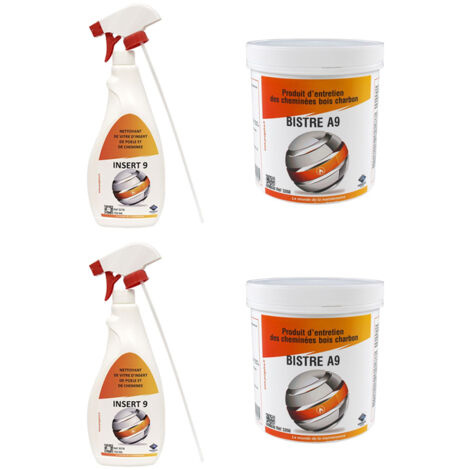 Lot de 2 insert9 nettoyant pour vitres pour poêles et inserts + 2 pots de 1kg Produit entretien de cheminé Bois/Charbon BISTRE A9