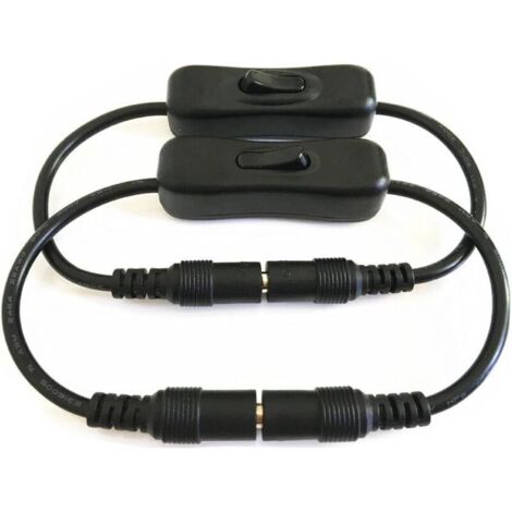 Lot de 2 interrupteurs à bascule noirs 12 V CC (fiche 5,5 mm x 2,1 mm, mâle/femelle) avec rallonge électrique et câble d'alimentation.
