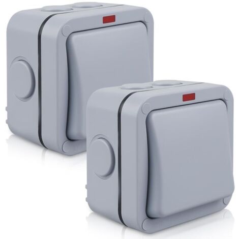 Lot de 2 interrupteurs résistants aux intempéries - 20 A IP66 - Interrupteur étanche avec interrupteur indépendant et voyant lumineux - Interrupteur universel d'extérieur - Gris - Pour extérieur