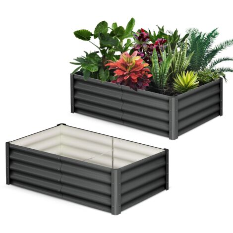 Lot de 2 Jardinière surélevée galvanisée - 180 x 90 x 30 cm Plantoir rectangulaire en métal pour l'extérieur - Pour légumes, fleurs et herbes, gris