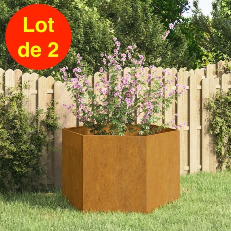 Lot de 2 Jardinières Acier Corten Hexagonale 60 x 60 x 45 cm. Aspect Rouille, Très tendance. Jardin, Patio, Balcon - Rouille
