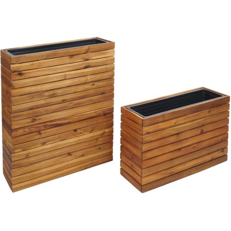 Lot de 2 jardinières HHG-579, bacs à fleurs, pots de fleurs, jardinières sur pied, de forme carrée, en bois d'acacia d'extérieur, certifié MVG, marron