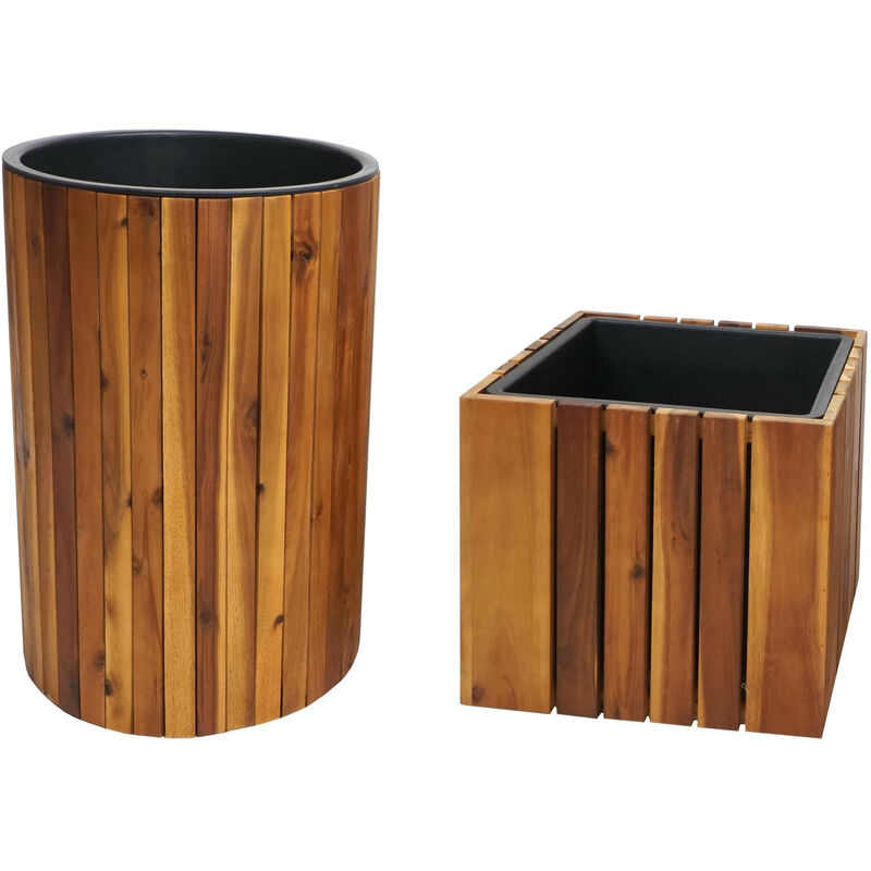 Lot de 2 jardinières HWC-L24 - pot de plantes pot de fleurs jardinière - ronde carrée Outdoor acacia bois MVG marron