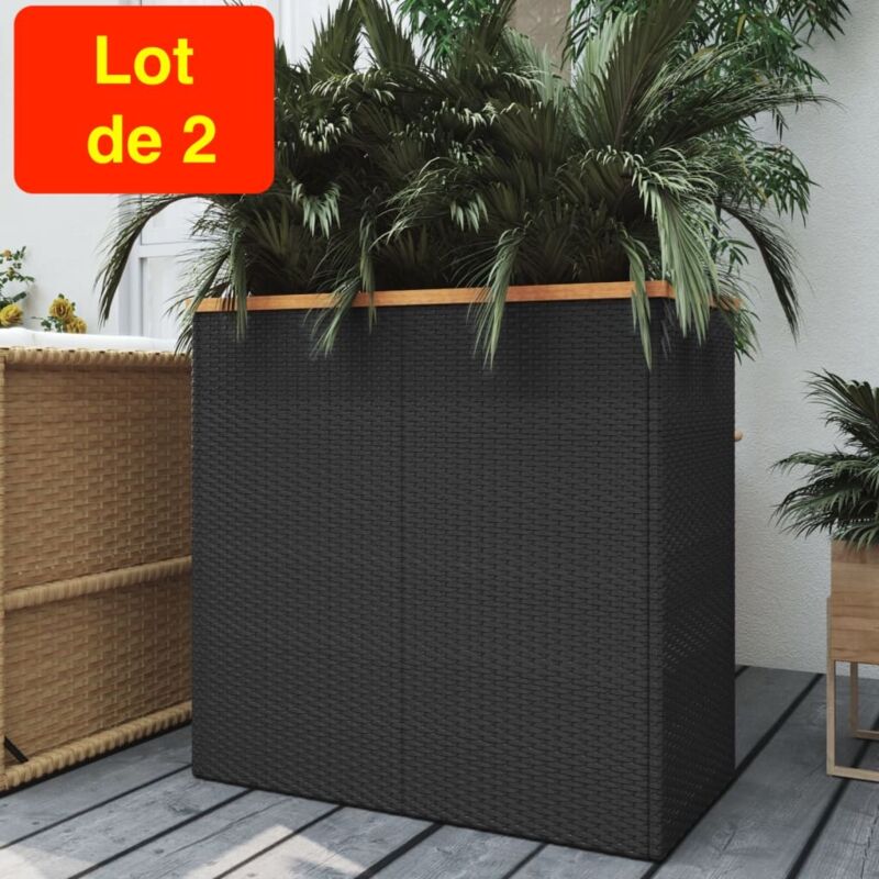 Lot de 2 Jardinières Polyrotin Noir 80 x 40 x 80 cm. Aspect Résine tressée, Très tendance. Jardin, Patio, Balcon - Noir
