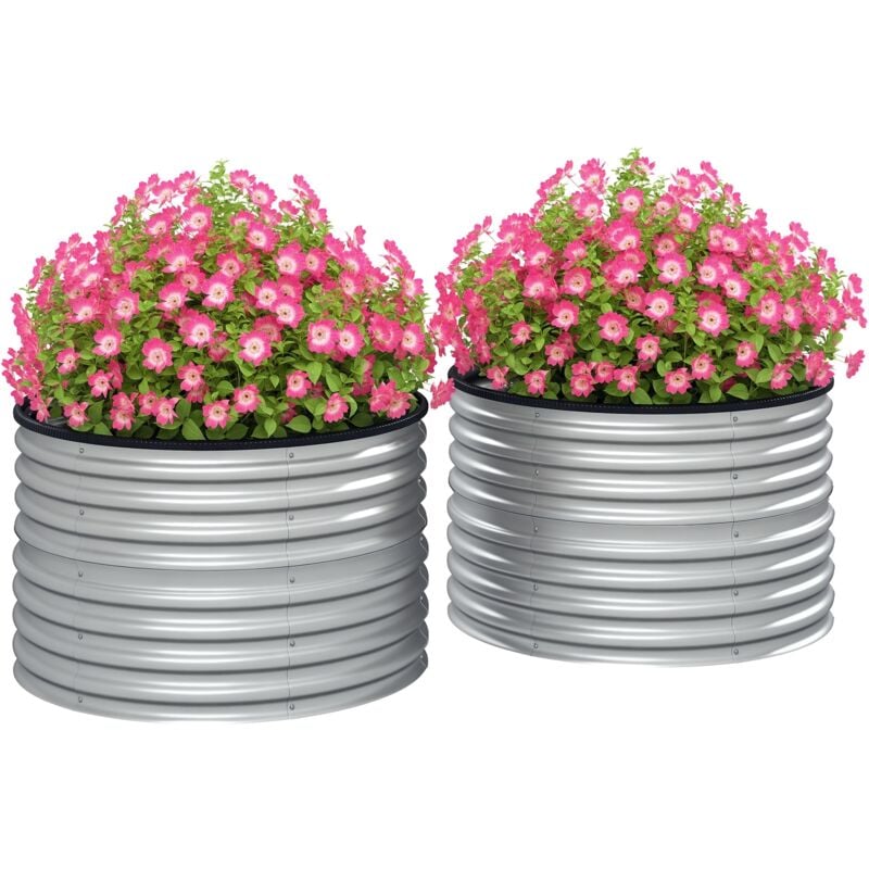 Lot de 2 jardinières rondes tôle acier galvanisé dia. 90 x H.56 cm argenté caoutchouc noir