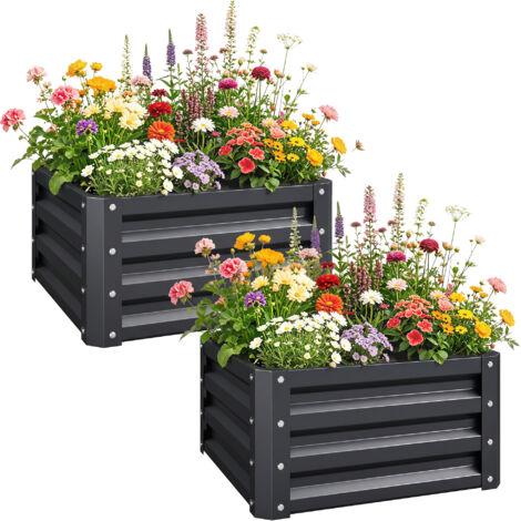 Lot de 2 jardinières surélevées, carre potager de jardin pour légumes, fleurs, acier galvanisé 60 x 60 x 30,5 cm, gris