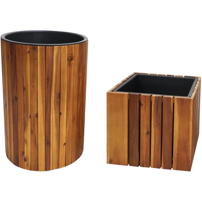 Lot de 2 jardinières HHG 584, pot de plantes pot de fleurs jardinière, ronde carrée Outdoor acacia bois mvg marron