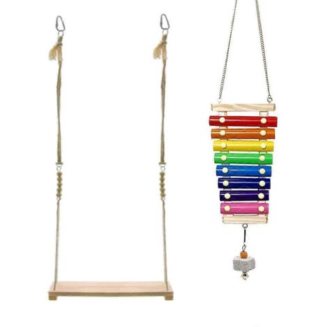 Lot de 2 jouets pour poules : xylophone suspendu à 8 touches métalliques avec support et perchoir pour volailles (coqs, poules, poussins, perroquets, aras). Divertissement garanti 