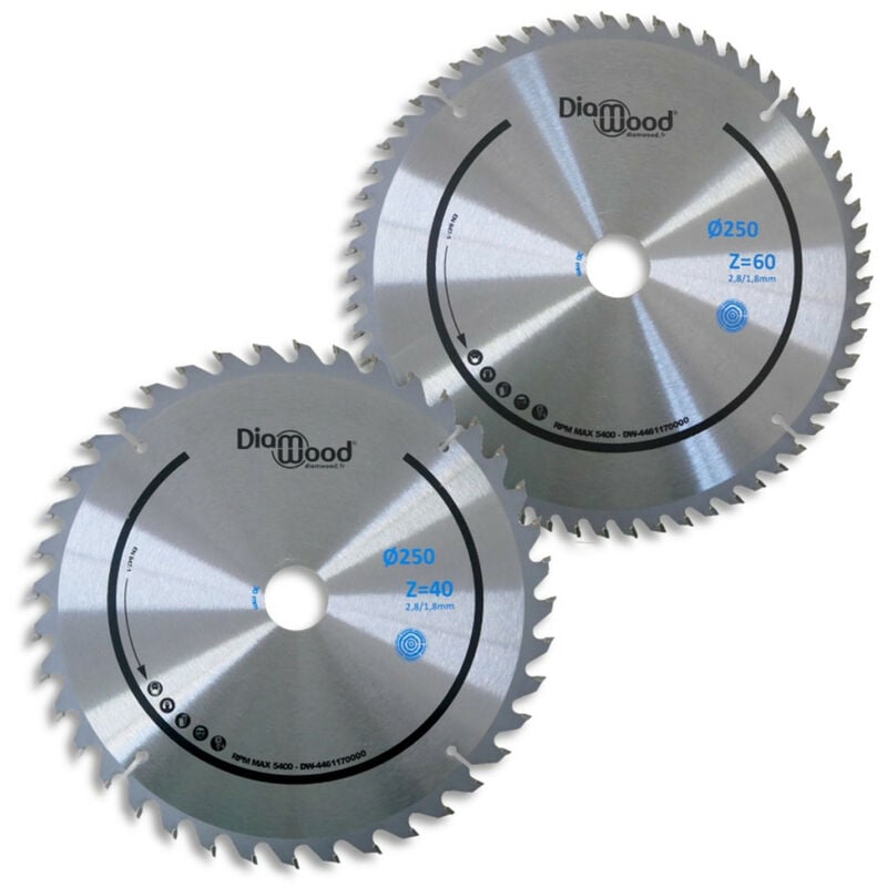 Diamwood - Lot de 2 Lames Bois Scie Circulaire Universelle hm - Scie Table, Combinée Toupie scie - Diamètre 250 mm - 40 et 60 Dents Alternées Positif