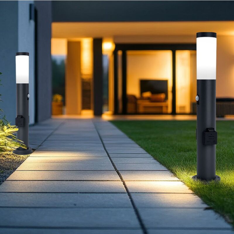 Eclairage de chemin extérieur avec détecteur de mouvement 2x douille lumière de jardin, 1x E27, acier inoxydable anthracite, IP44, h 60cm, lot de 2