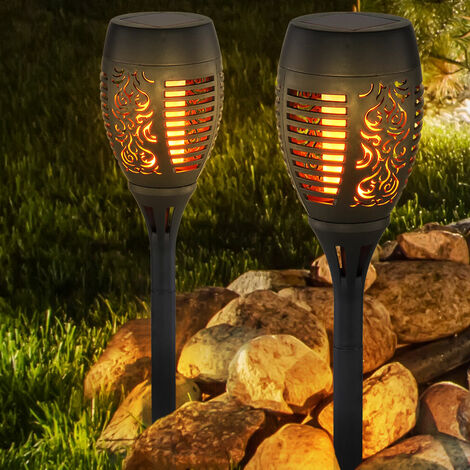 Lot de 2 lampe à bougie solaire LED décor poinçonnages effet scintillement de feu jardin lampe d'extérieur terrasse piquet de sol