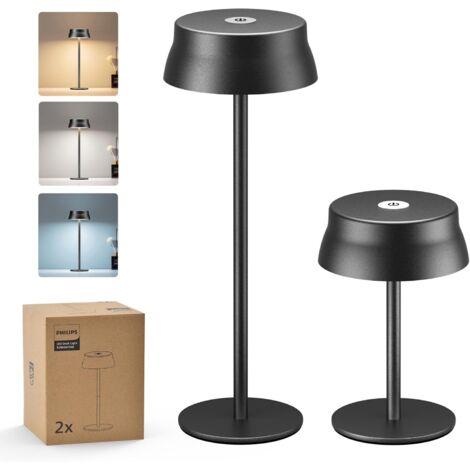 lot de 2 Lampe de Table Sans Fil, Bureau LED Portable pour Extérieur, Alimentée par Batterie Rechargeable, 2 Hauteurs Réglables, Contrôle Tactile et 3 Couleurs avec Gradation Continue