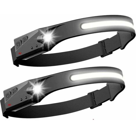 Lot de 2 Lampe frontale led Phare à Capteur Torche Frontale puissante COB XPE 5 Modes USB Rechargeable Lampe de Course Étanche