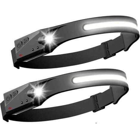 Lot de 2 Lampe frontale led Phare à Capteur Torche Frontale puissante COB XPE 5 Modes USB Rechargeable Lampe de Course Étanche
