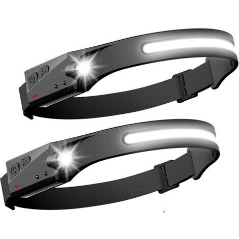 Lot de 2 Lampe frontale led Phare à Capteur Torche Frontale puissante COB XPE 5 Modes USB Rechargeable Lampe de Course Étanche, Camping, Lecture, Randonnée, Cyclisme, Pêche, Velo