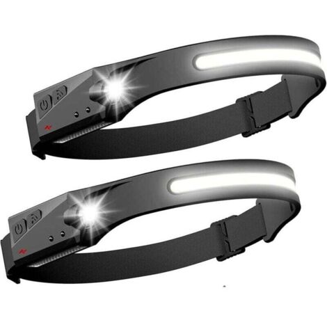 Lot de 2 Lampe frontale led Phare à Capteur Torche Frontale puissante COB XPE 5 Modes USB Rechargeable Lampe de Course Étanche, Camping, Lecture, Randonnée, Cyclisme, Pêche, Velo