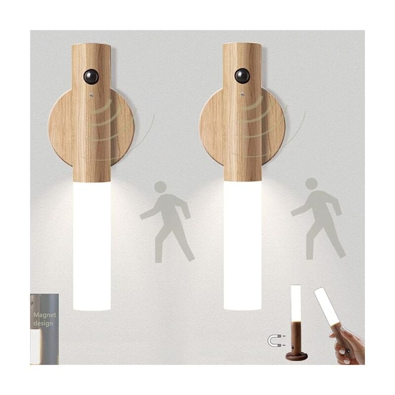 Lot de 2 Lampe led Escalier Detecteur de Mouvement Pile Interieur Bois Nuit Veilleuse Rechargeable usb Portable Sans Fil Magnétique Lumière de