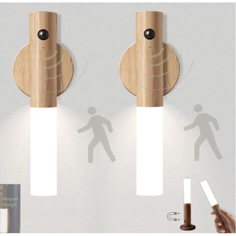 Lot de 2 Lampe Murale LED Escalier Detecteur de Mouvement Sans Fil Pile Interieur Applique Murale Bois Veilleuse Rechargeable USB