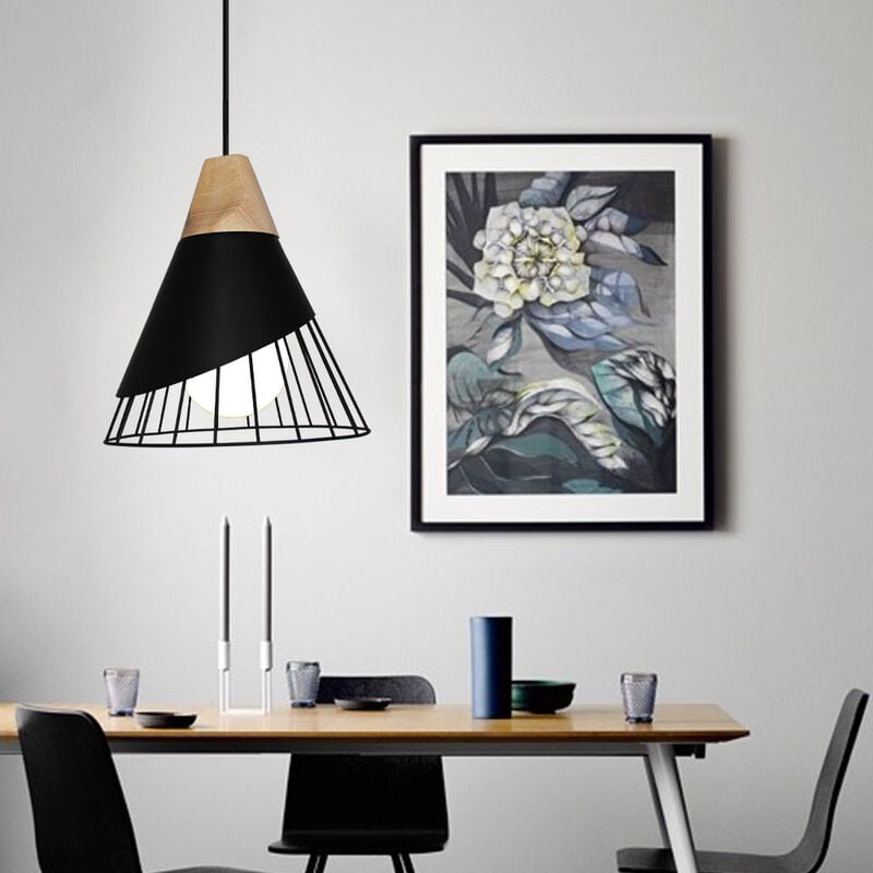 Lustre Suspension Industrielle E27 Cage en Fer et Bois Luminaire Style Contemporain pour Chambre Salon Cuisine Noir