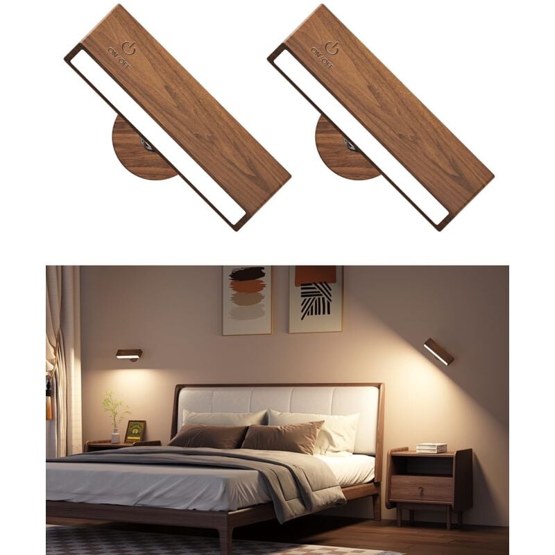 Lot de 2 Lampe Murale Sans Fil Rechargeable USB,Applique Murale Intérieure Bois,Réglage de La Luminosité Applique Murale Sans Fil Chambre,Lampe de