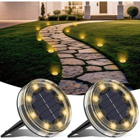 Lot de 2 Lampe Solaire Au Sol, 8 LED Lumiere Solaire Exterieur Jardin IP68 Étanche, Spot Solaire Extérieur pour Chemins Pelouse Terrasse Allée Cour Piscine Passerelle, Blanc Chaud