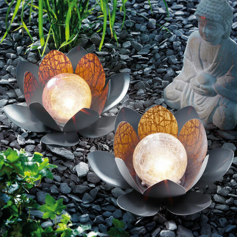 Lot de 2 Lampe Solaire De Jardin Extérieur,Ambre Craquelé Globe Verre Lotus Décoration, Lumières De Fleur LED en Métal Imperméable pour Patio Pelouse Passerelle Sol De Table