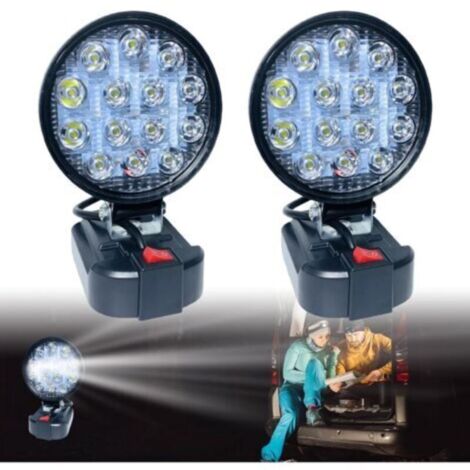 Lot de 2 lampes à batterie pour Makita 18 V, lampe de travail LED à batterie, projecteur portable, lampe de chantier, lampe torche pour Makita 18 V (rond)