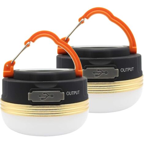 Lot de 2 lampes de camping LED rechargeables USB, étanches, 3 modes d'éclairage, avec batterie externe intégrée, idéales pour le camping, la randonnée et les situations d'urgence.