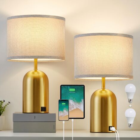 Lot de 2 lampes de chevet avec port USB, lampe de table à commande tactile, lampe de chevet avec abat-jour en tissu, 3 températures de couleur