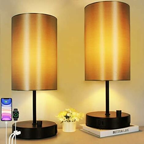 Lot de 2 Lampes de Chevet Noir Réglables - Grande Lampe de Table avec Abat-Jour Circulaire - Contrôle de Luminosité en Continu de 0 à 800LM - Port de Charge USB A+C - Inclus 2 Ampoules LED E27 8W