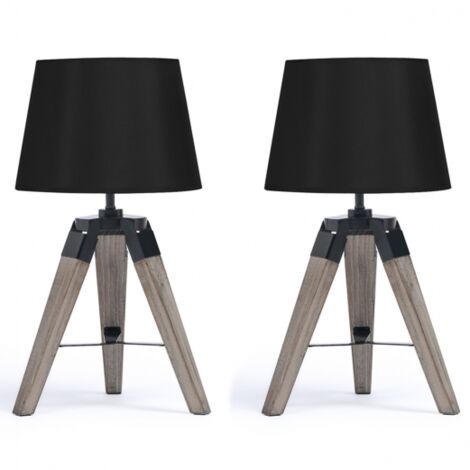 Lot de 2 lampes de chevet trépied en bois foncé noires