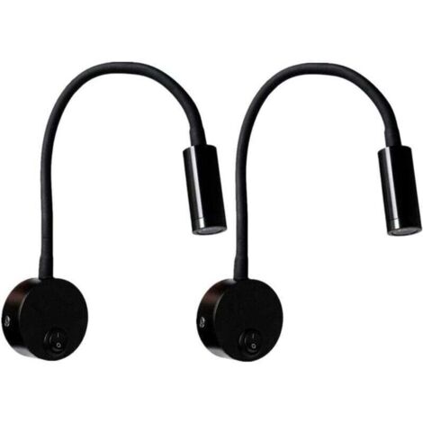 Lot de 2 lampes de lecture murales noires 3 W, lampe de bureau à col flexible et réglable, lampe de chevet LED pour le soin des yeux avec interrupteur (blanc chaud)