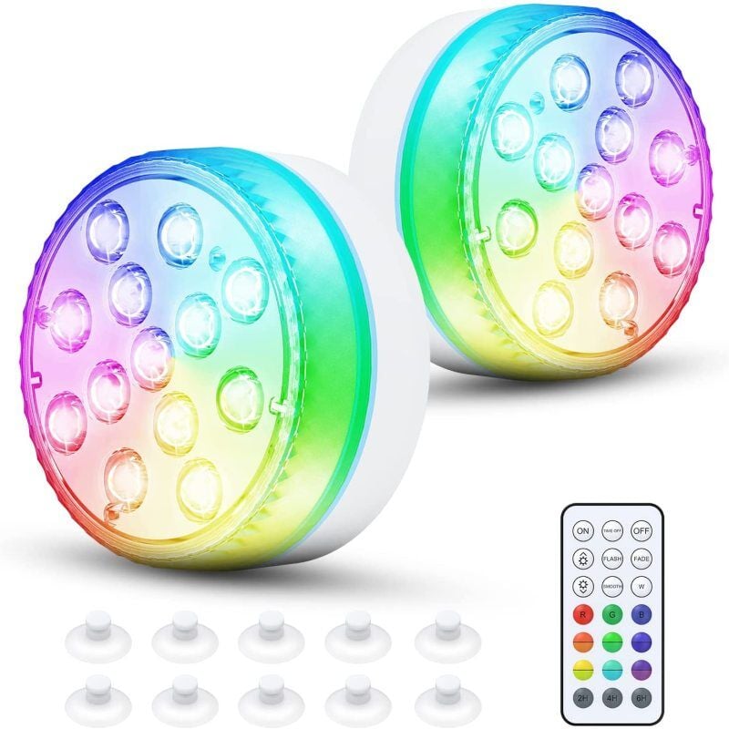 Lot de 2 lampes de piscine submersibles à LED pour étang, alimentées par piles, avec télécommande RF, ventouses, 16 couleurs, aimant, étanche, pour pi