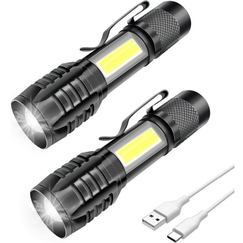 Lot de 2 lampes de poche LED rechargeables, puissantes professionnelles, 3 modes zoomables, COB petite poche à LED avec aimant, IP5 étanche pour