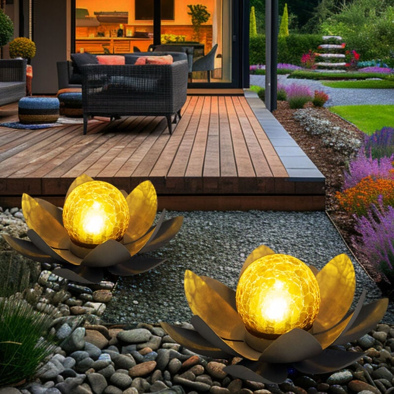 Lot de 2 lampes d'extérieur solaires led fleurs de lotus éclairage de jardin nénuphars lumières design 25 cm