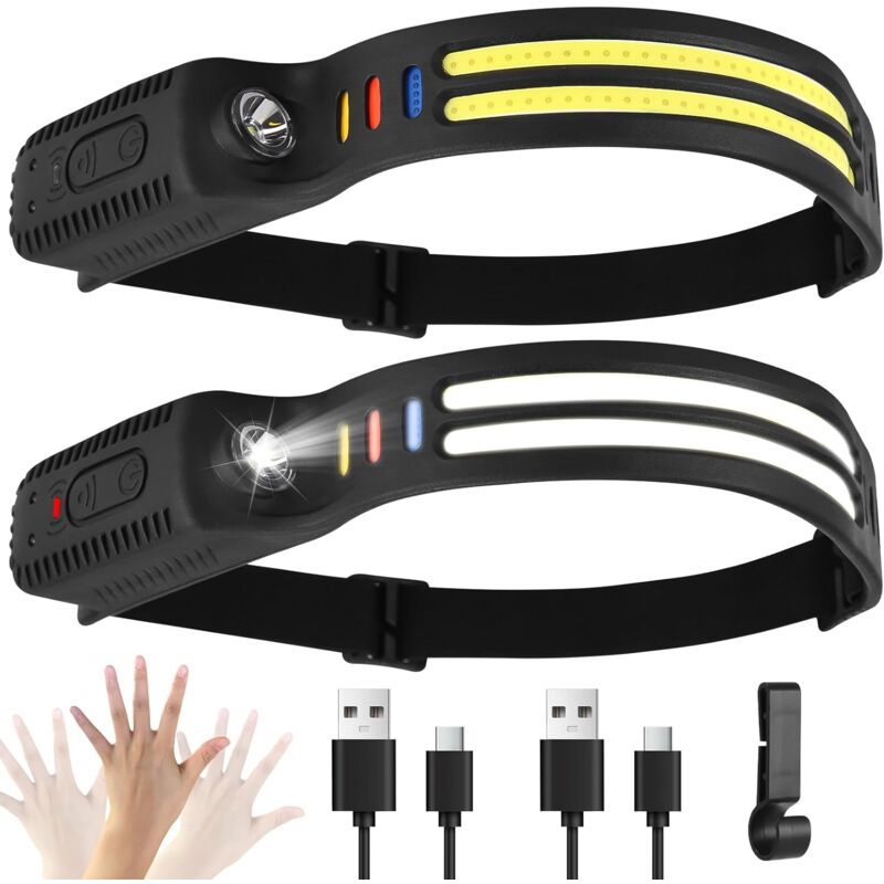 Lot de 2 lampes frontales LED rechargeables - 2000 lumens - Lumière blanche super lumineuse - Capteur intelligent - 9 modes d'éclairage - 4 couleurs