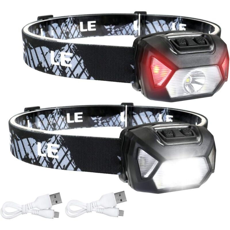 Lot de 2 lampes frontales led rechargeables, 300 lumens, lumière blanche et rouge, 6 modes d'éclairage IPX4, adaptées pour le cyclisme, le camping,