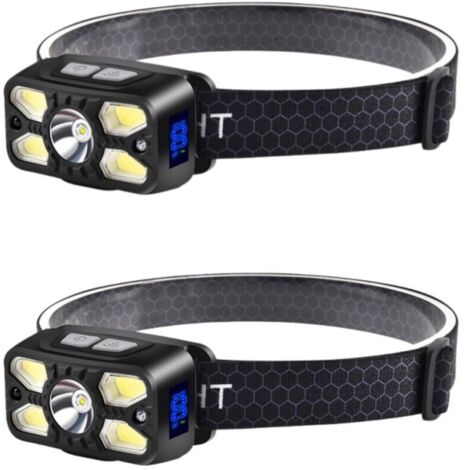 Lot de 2 lampes frontales LED ultra-puissantes  2500 lm, rechargeables par USB-C avec indicateur de charge, 7 modes d'éclairage, angle réglable à 45°, camping/urgence