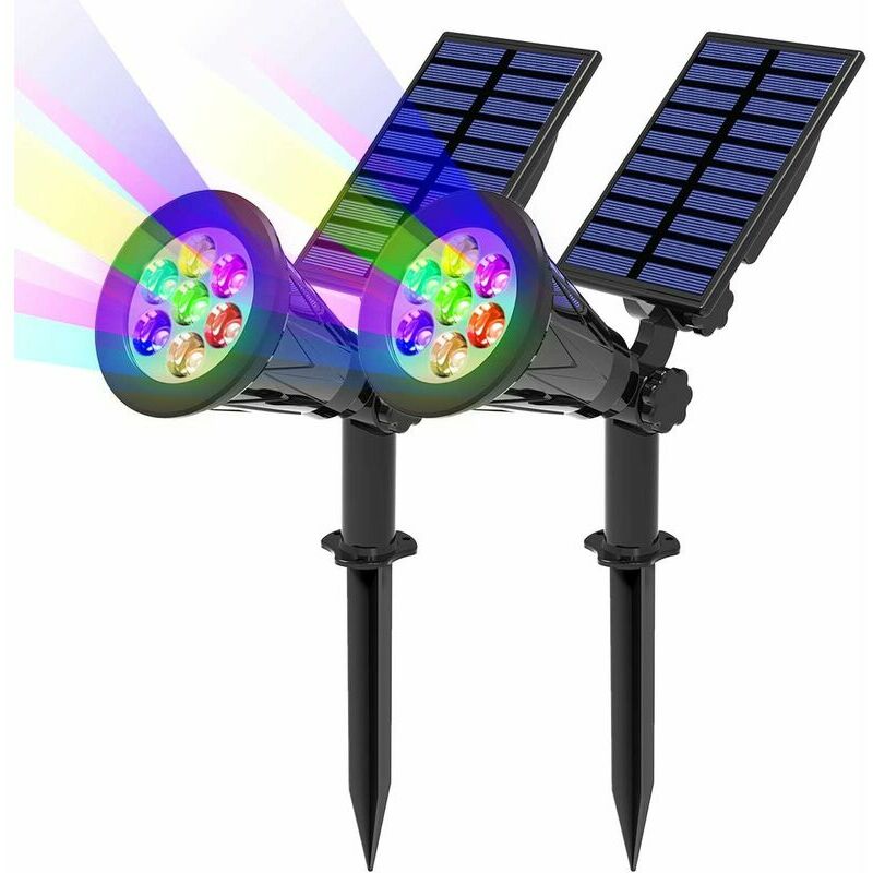 Lot de 2 lampes solaires à 7 led, 7 changements de couleur sans fil pour extérieur étanche IP65 avec spots solaires extérieurs réglables à 180° pour
