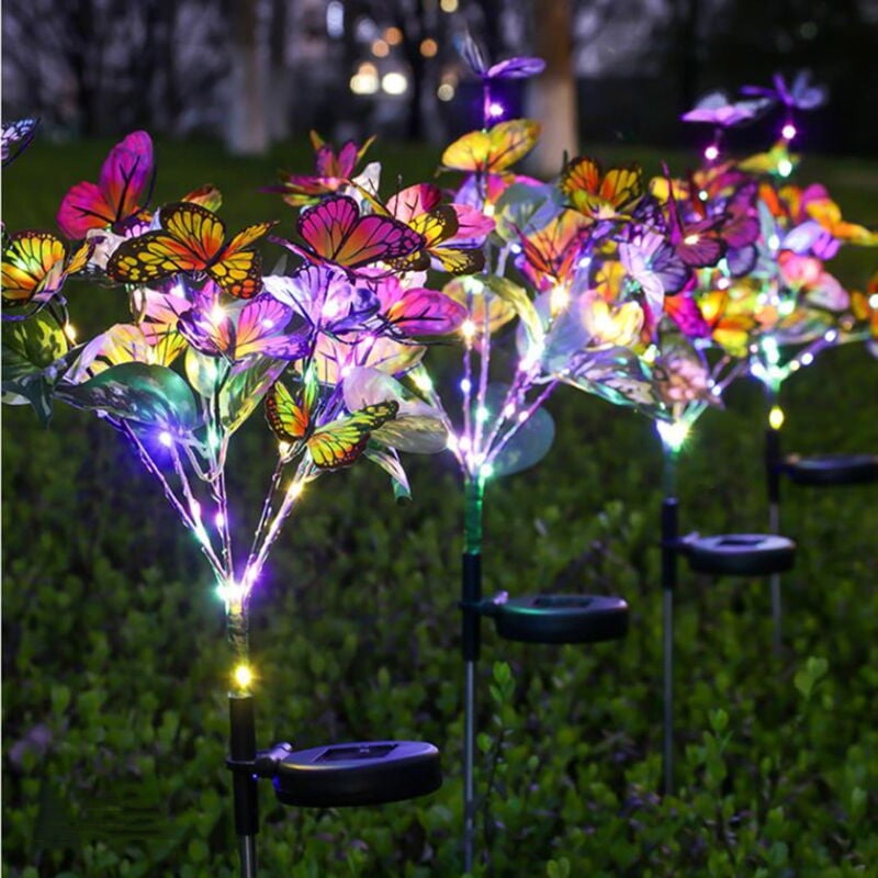 Lot de 2 lampes solaires de jardin décoratives et étanches pour extérieur, avec led et papillon, pour décoration extérieure de jardin, cour, pelouse,