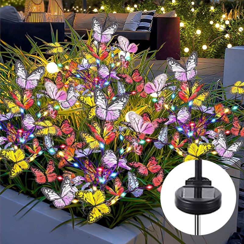 Lot de 2 lampes solaires de jardin en forme de papillon, 34 LED décoratives étanches, design à changement de couleur, lumière chaude pour patio, cour