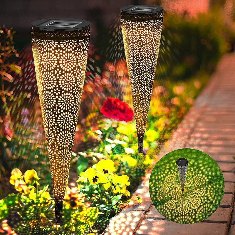 Lot de 2 lampes solaires de jardin en métal - Lampes solaires pour extérieur - Blanc chaud - Lampe solaire en métal - Décoration étanche pour jardin,