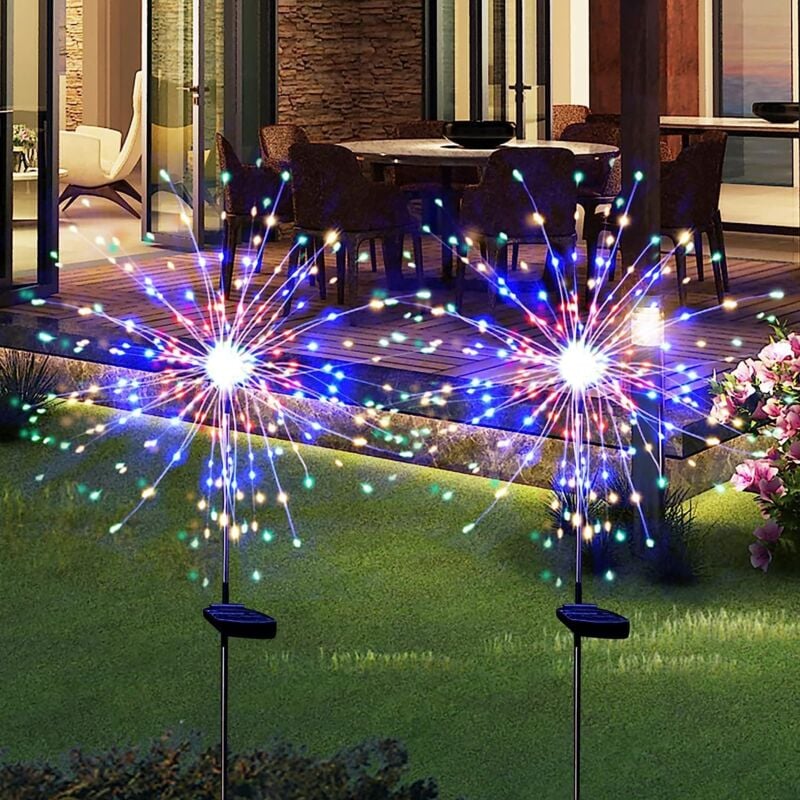 Lot de 2 lampes solaires de jardin étanches pour l'extérieur, feux d'artifice à énergie solaire, 120 led scintillantes, lumières extérieures solaires