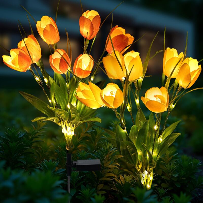 Lot De 2 Lampes Solaires De Jardin – Lampes Solaires Décoratives De Jardin Avec 14 Fleurs De Tulipe, Décorations De Jardin Étanches Pour Terrasse,