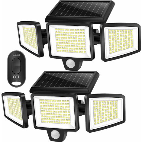 Lot de 2 lampes solaires d'extérieur 264 LED 2500 lm sans fil étanche avec détecteur de mouvement 3 couleurs réglables 3000 K / 4500 K / 6500 K - Projecteur LED de sécurité avec télécommande