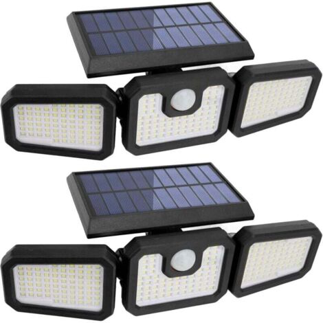 Lot de 2 lampes solaires d'extérieur à 210 LED 2500 lm Détecteur de mouvement Éclairage solaire Étanche IP65 3 têtes Spot Projecteur mural Grand angle 360° pour garage, cour, porche