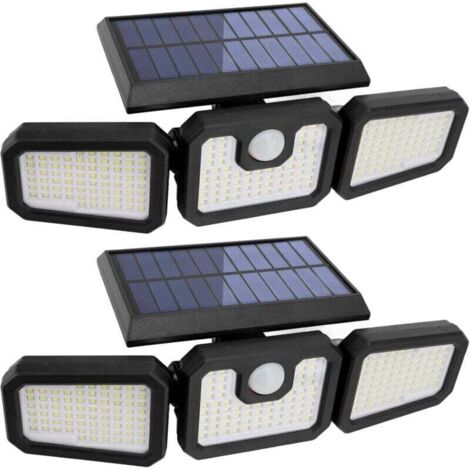 Lot de 2 lampes solaires d'extérieur à 210 LED 2500 lm Détecteur de mouvement Éclairage solaire Étanche IP65 3 têtes Spot Projecteur mural Grand angle 360° pour garage, cour, porche