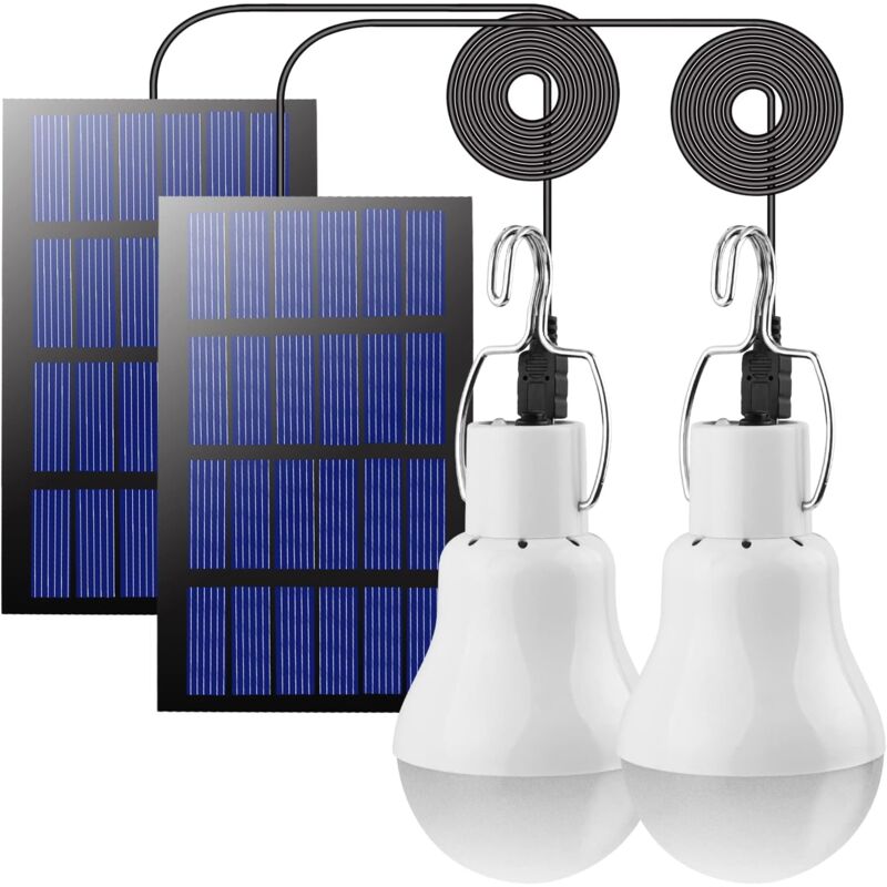 Lot de 2 lampes solaires d'extérieur à LED, lanterne solaire, lampe de camping, lampe avec panneau solaire, câble de 3 m, ampoule 3 W, éclairage